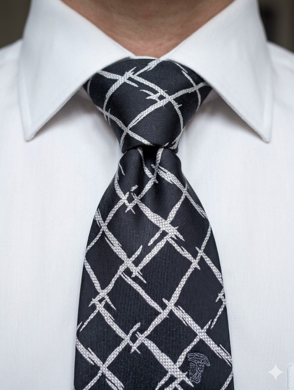Vintage Versace Collection Silk Tie Black White Abstract Grid Medusa Italy Y2K